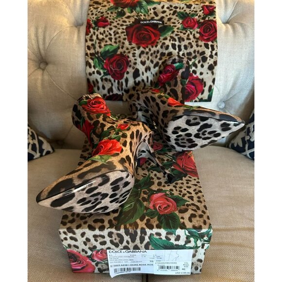 NIB $1195 Dolce & Gabbana Leopard Rose Print Stretch Boots Size 10 - Picture 3 of 9